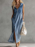 Exquisite Vintage Casual Hooded V-neck Zipper Side Slits Buttons Blue Denim Midi Dress