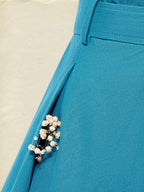 Midi Linen Dress , Half Sleeve, Shawl Collar, Plain, Belt Design, Vintage, Cyan