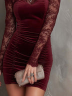 Vintage-style Cold Sleeves Lace Polyester Velvet Mini Dress