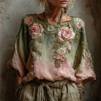Vintage Pink Roses Forest Gradient Linen Tunic
