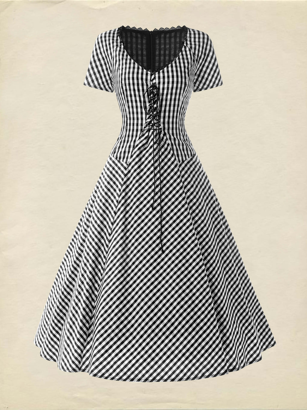 Cotton Midi Dress, Short Sleeve, Lace Collar, Plaid, Vintage, White