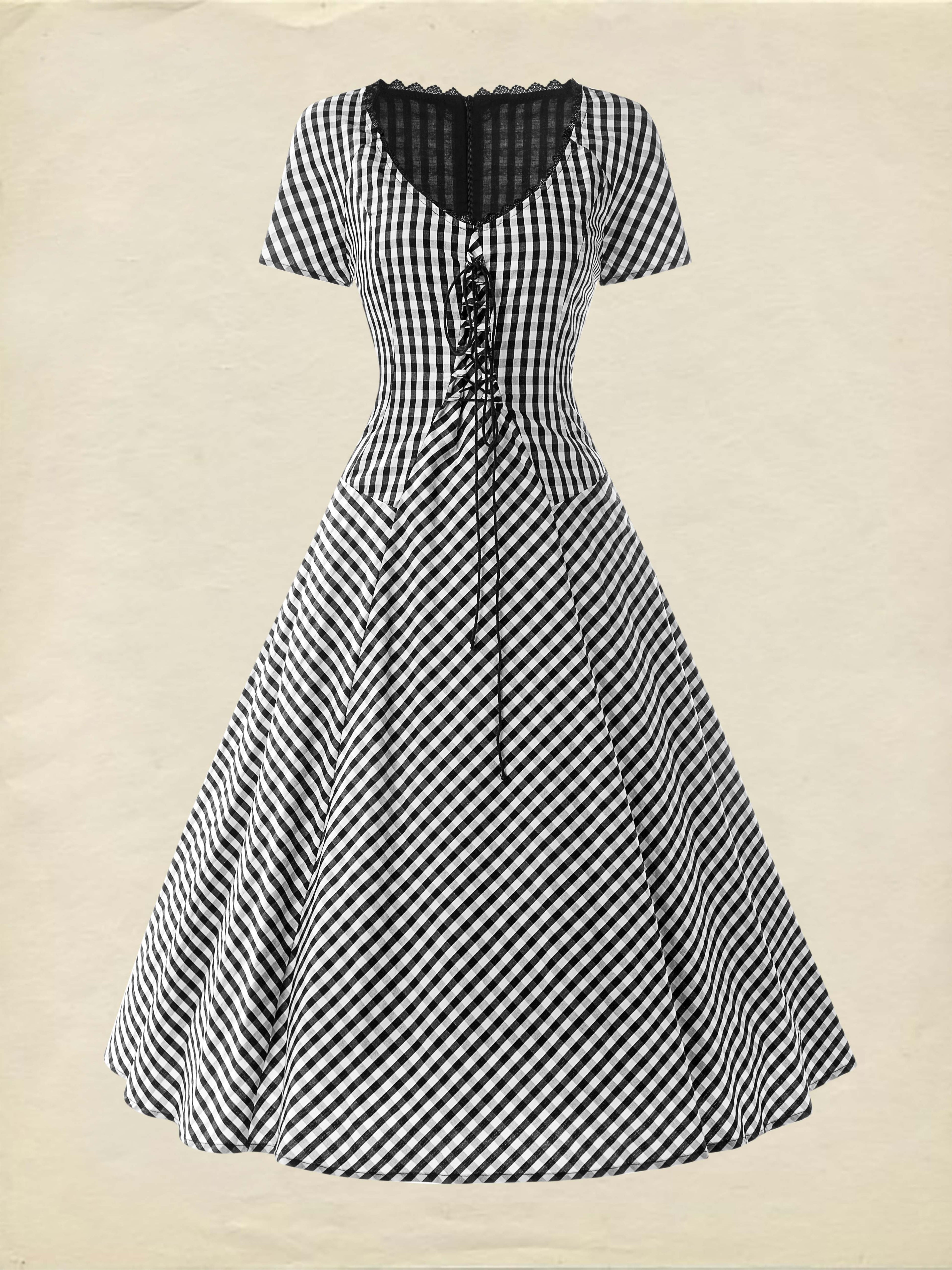Cotton Midi Dress, Short Sleeve, Lace Collar, Plaid, Vintage, White