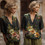 Bohemian Style Three-dimensional Flower Sequin Embroidery Vintage Black V-neck Short Sleeve