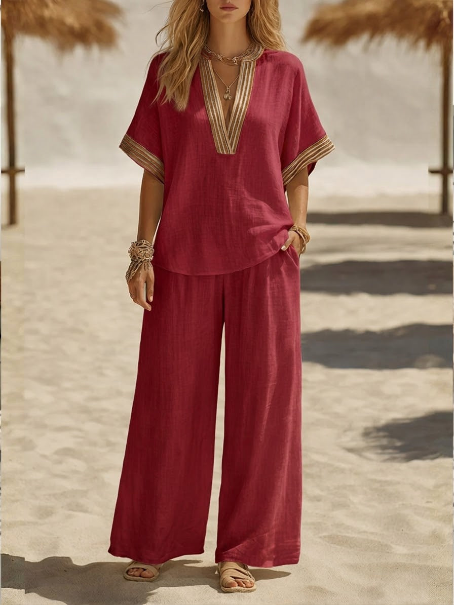 Casual Linen And Cotton Two-piece Set