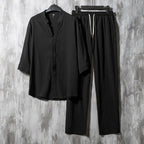 Vintage Linen Solid V-neck Half Sleeves Shirt And Pants Two-piece Set