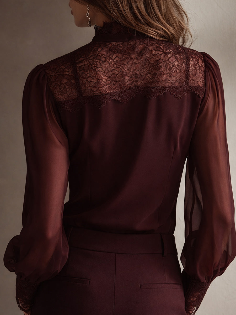 Retro Elegant Lace Stand-up Collar Tie Neck Chiffon Blouse