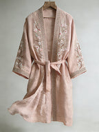 Retro Japanese Cherry Blossom Art Linen Blend Long Kimono