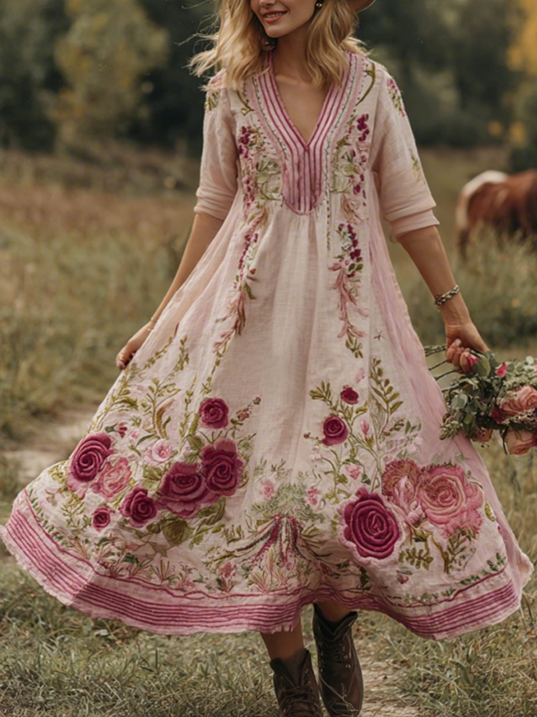 Classy Gradient Pink Roses And Striped  Embroidered Linen Maxi Dress