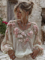 Women's Vintage Pink Rose Embroidery Art Round Neck Linen Blend T-shirt
