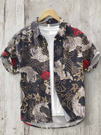 Vintage Japanese Art Koi Pattern Linen Blend Cozy Shirt