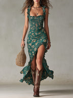 Boho Retro Ruffled Sleeves High Slit Maxi Dress