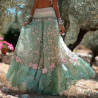 Women's Romantic Vacation Greek Key With Floral Art Linen Blend Casual Skirt