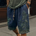 Japanese Bamboo Embroidery Art Gradient Print Linen Blend Casual Shorts