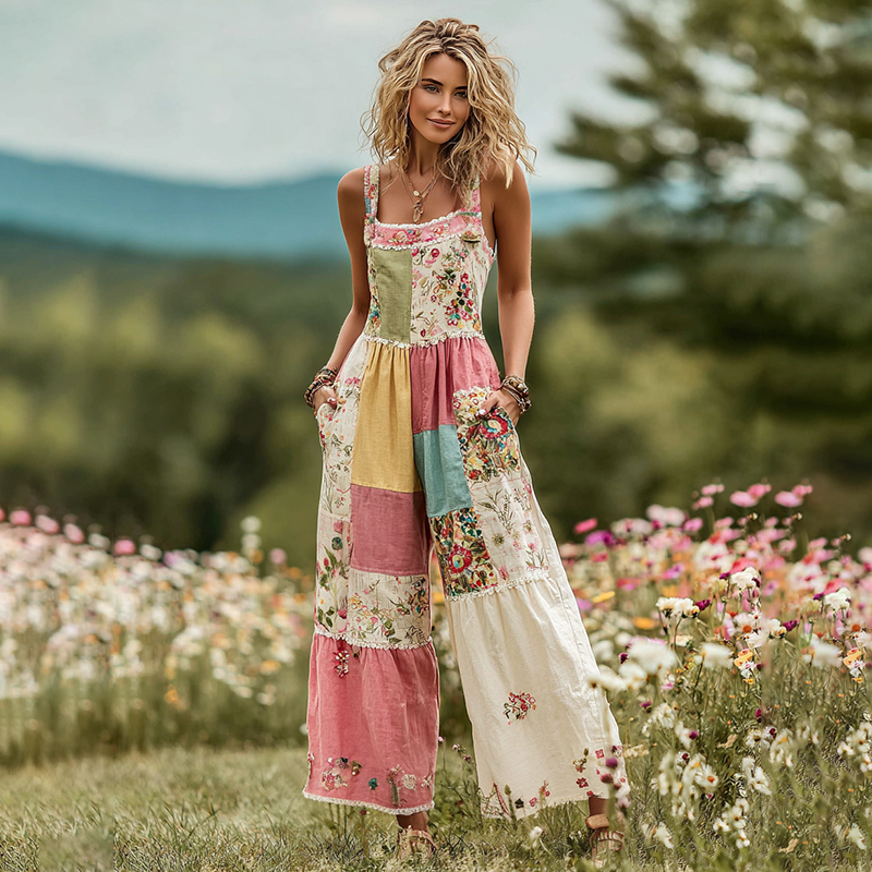 Women's Vintage Floral Art Patch Comfy Jumpsuit
