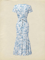 Midi Linen Dress, Short Sleeves, Sweetheart Neck, Floral, Ruffles, Vintage, Blue