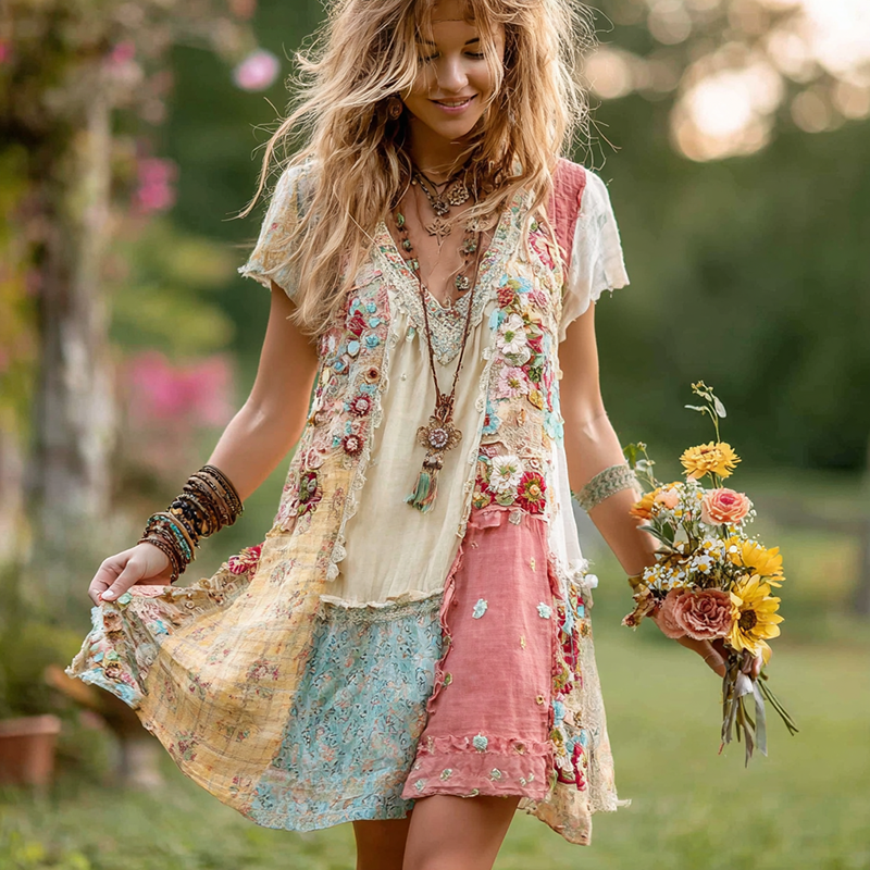 Women's Retro Floral Splicing Cotton And Linen Short Dress