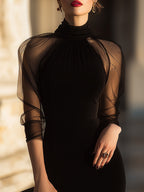 Sheer-Sleeve High-Neck Cocktail Dress