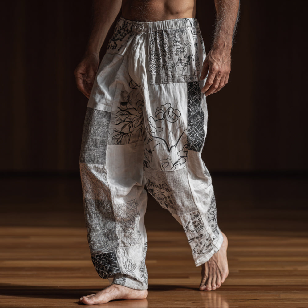 Japanese Style Patchwork Plant Print Casual Black And White Cotton Linen Casual Trousers