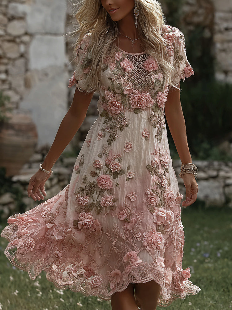 Women's Vintage Boho Floral Art Flowy Linen Blend Casual Short Sleeve Maxi Dress