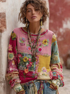 Women's Floral Embroidery Patchwork Art Pullover Cozy Knit Sweater