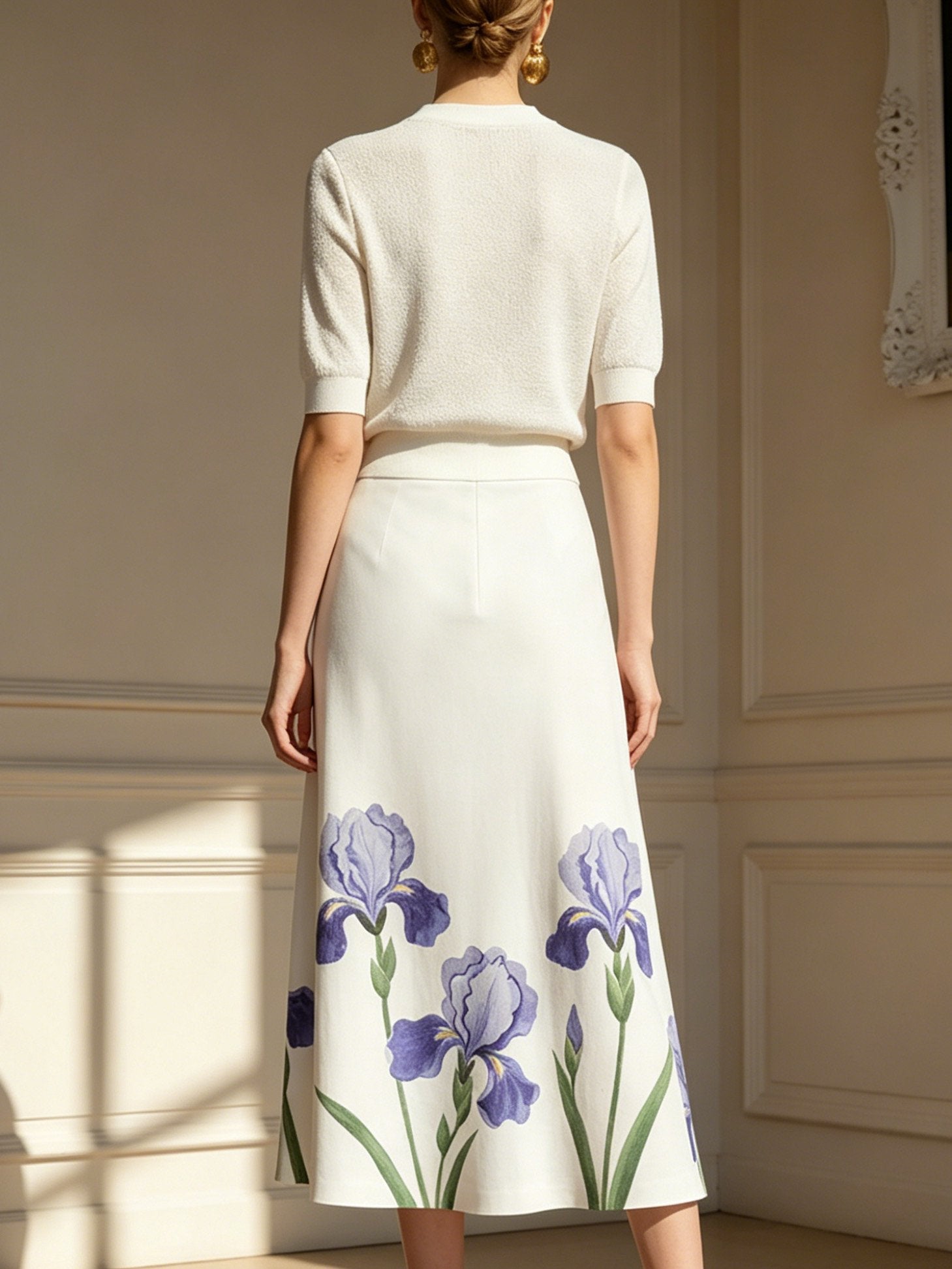 Midi Linen Skirt,  Floral, Vintage, White