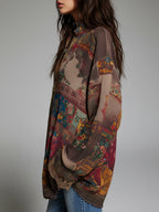 Bohemian-style Printed Blouse With A Front Zipper And Lace Trim