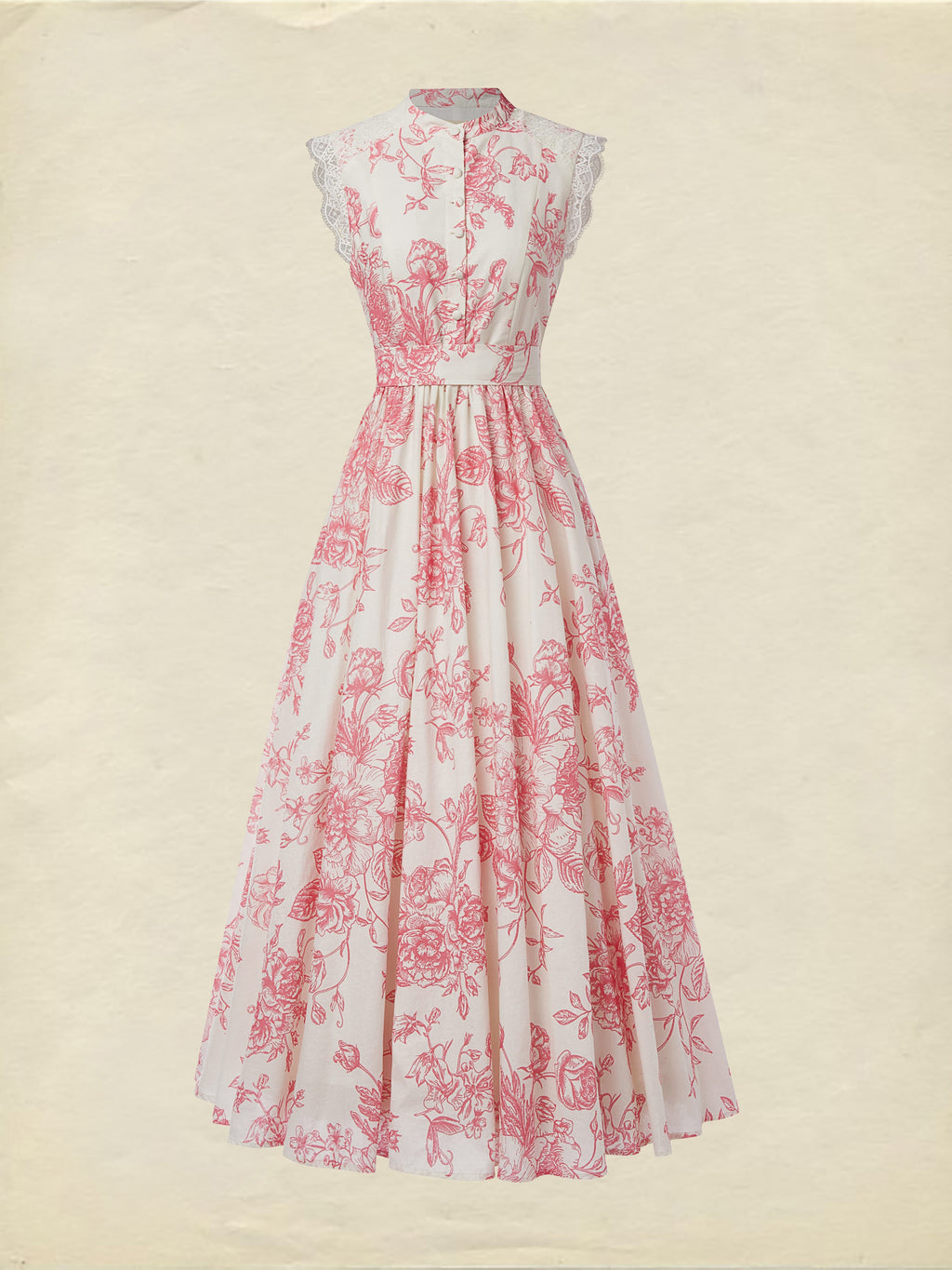 (SIZE:XS-XXL) Maxi Linen Dress , Cap Sleeves, Stand Collar, Floral, Lace, Vintage, Blue