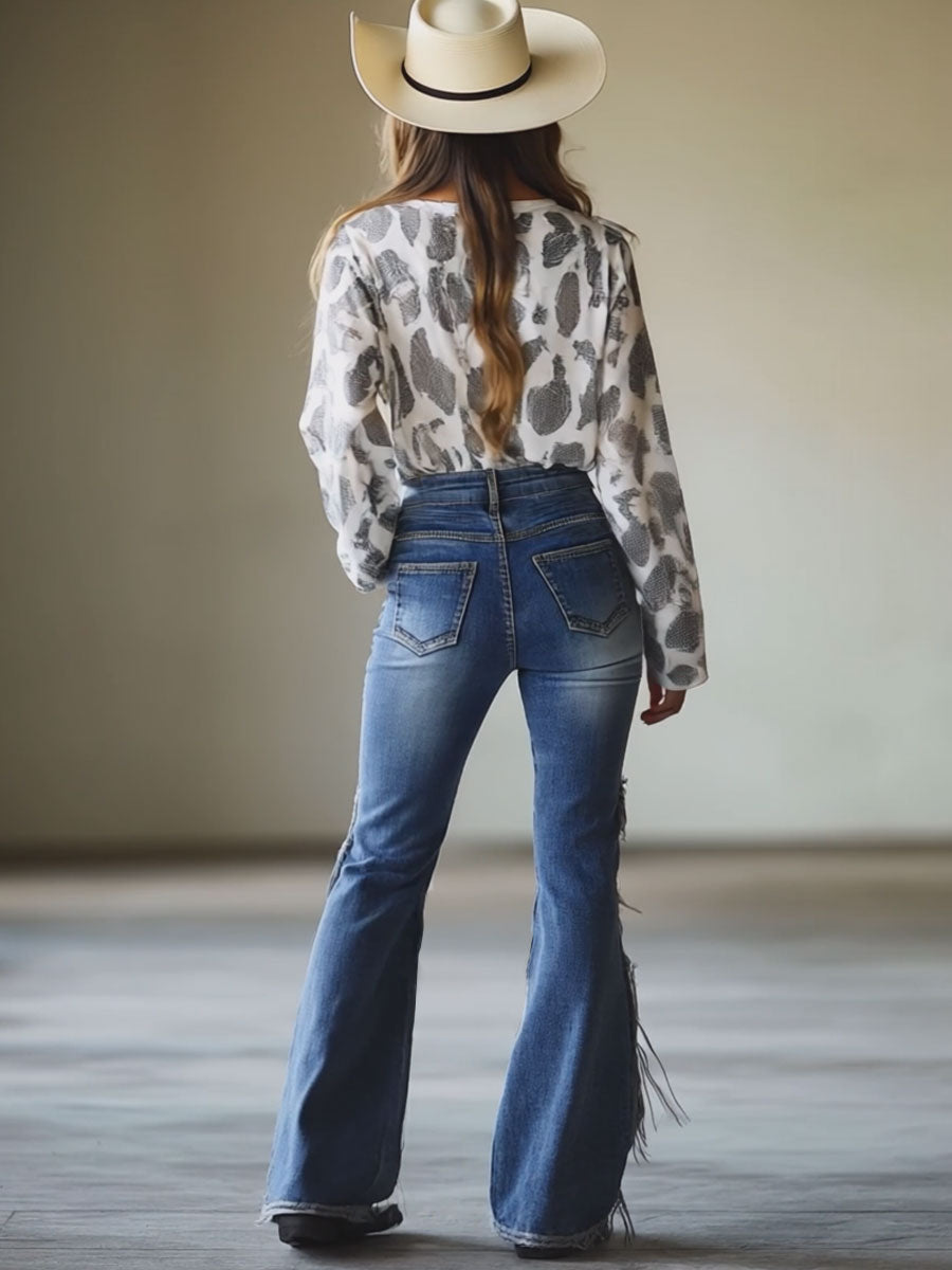 Vintage Blue Flared Fringe Jeans