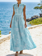 (SIZE:XS-XXL) Maxi Linen Dress , Cap Sleeves, Stand Collar, Floral, Lace, Vintage, Blue