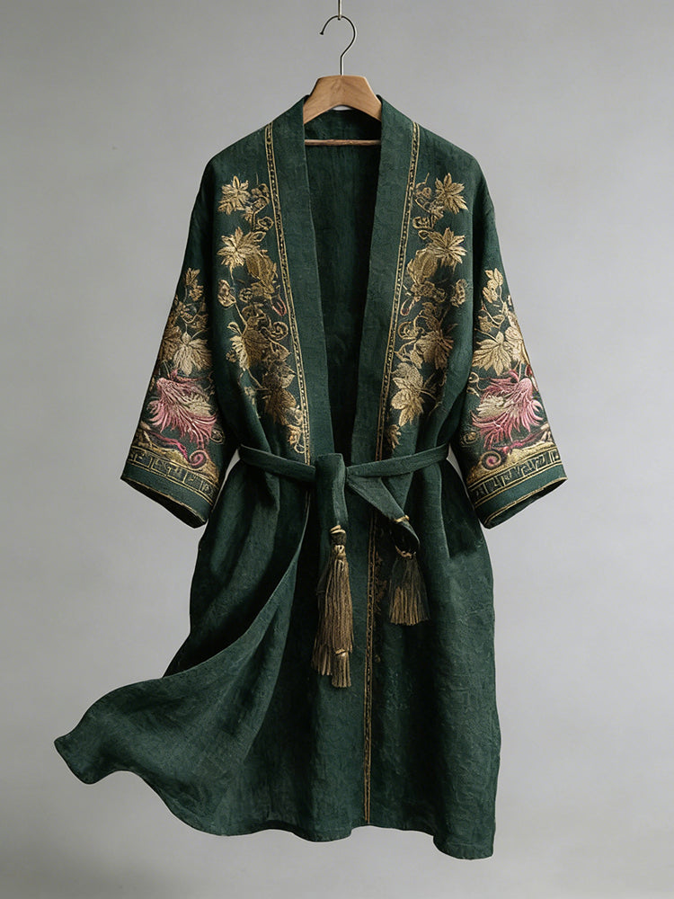 Japanese Maple Leaf Print Linen Blend Kimono