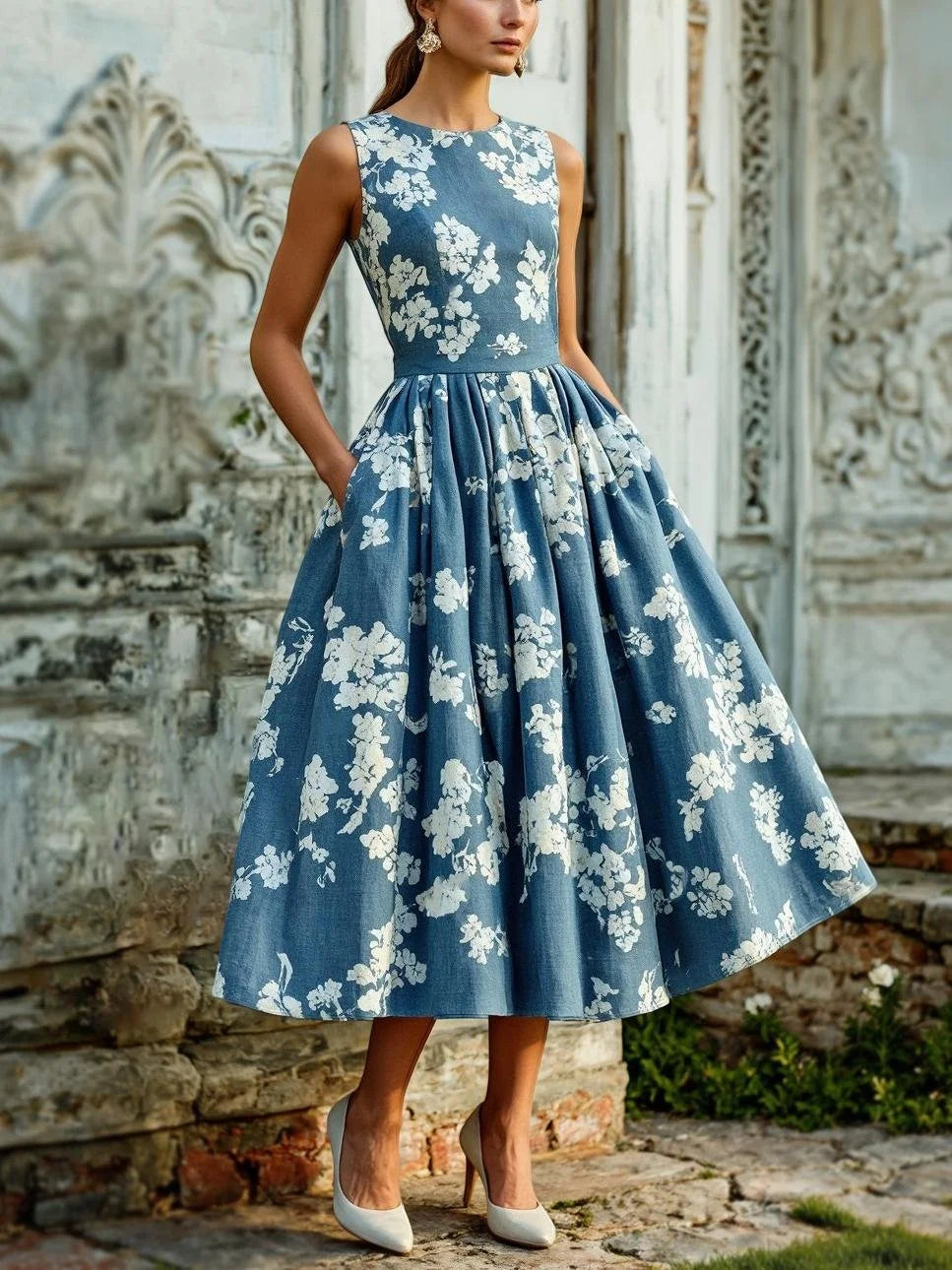 (SIZE:XS-XXL) Midi Linen Dress, Sleeveless, Linen Blend, Floral, Renaissance, Deep Blue