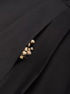 Midi Cotton Dress, Half Sleeve, Shawl Collar, Plain, Pocket Design, Vintage, Black