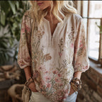 Retro Cotton And Linen Plant Flower Bohemian Style Women's V-neck Top