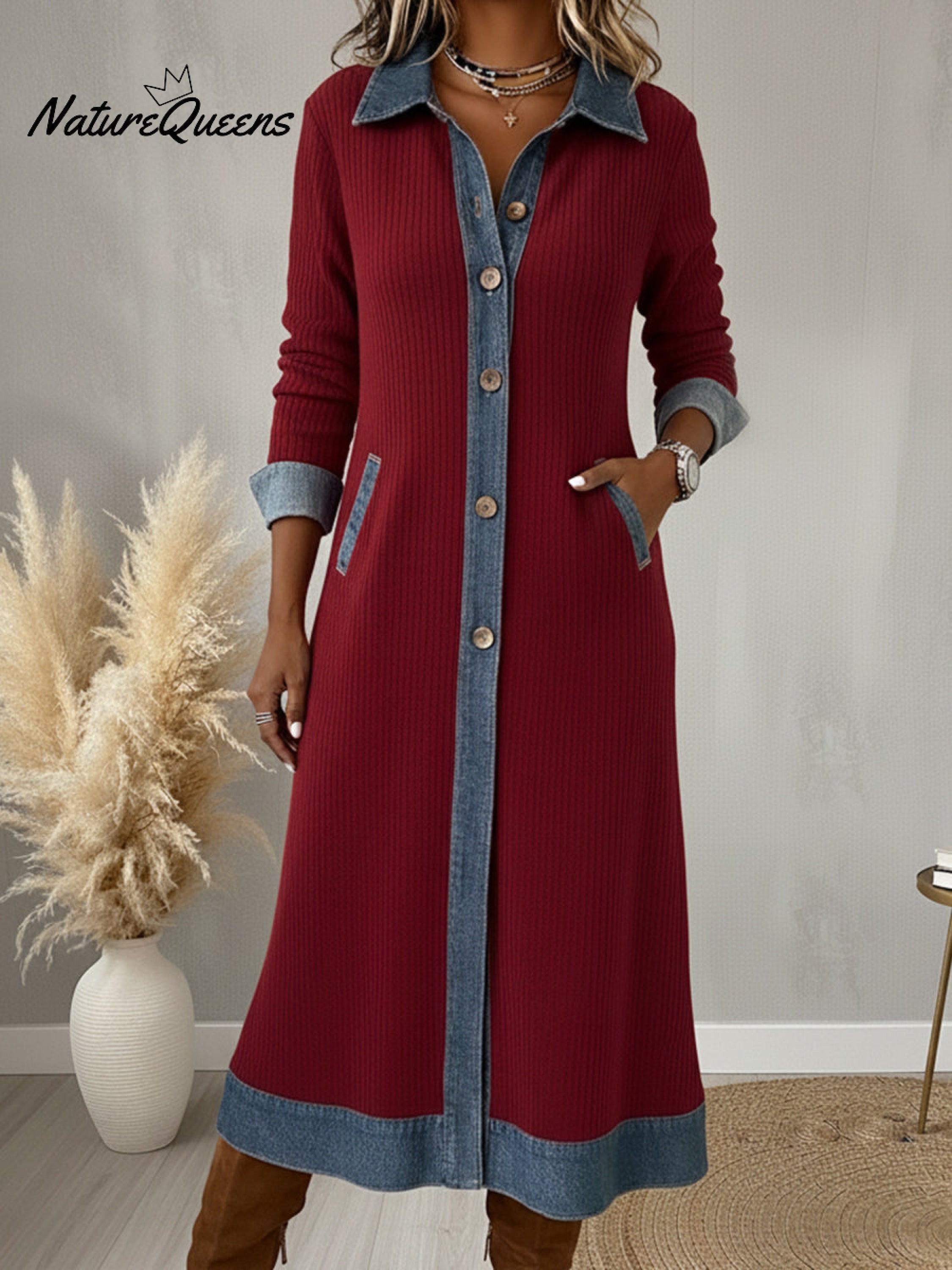 Casual Denim Patchwork Corduroy A-line Midi Dress