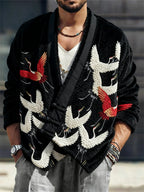 Men's Japanese Cranes Embroidered Cozy Fleece Kimono Cardigan