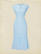 Midi Linen Dress, Crew Collar, Cap Sleeve,  Button Down, Cottagecore, Linen Blend, Blue