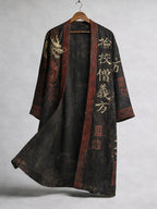 Men's Retro Calligraphy Dragon Art Pattern Linen Blend Kimono