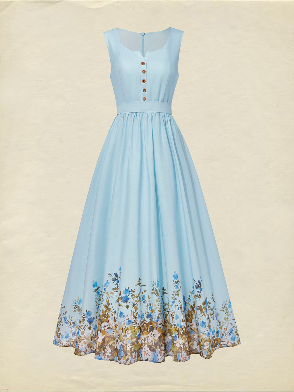 Maxi Linen Dress , Sleeveless, Round Neck, Floral, Button Design, French Vintage, Sky Blue