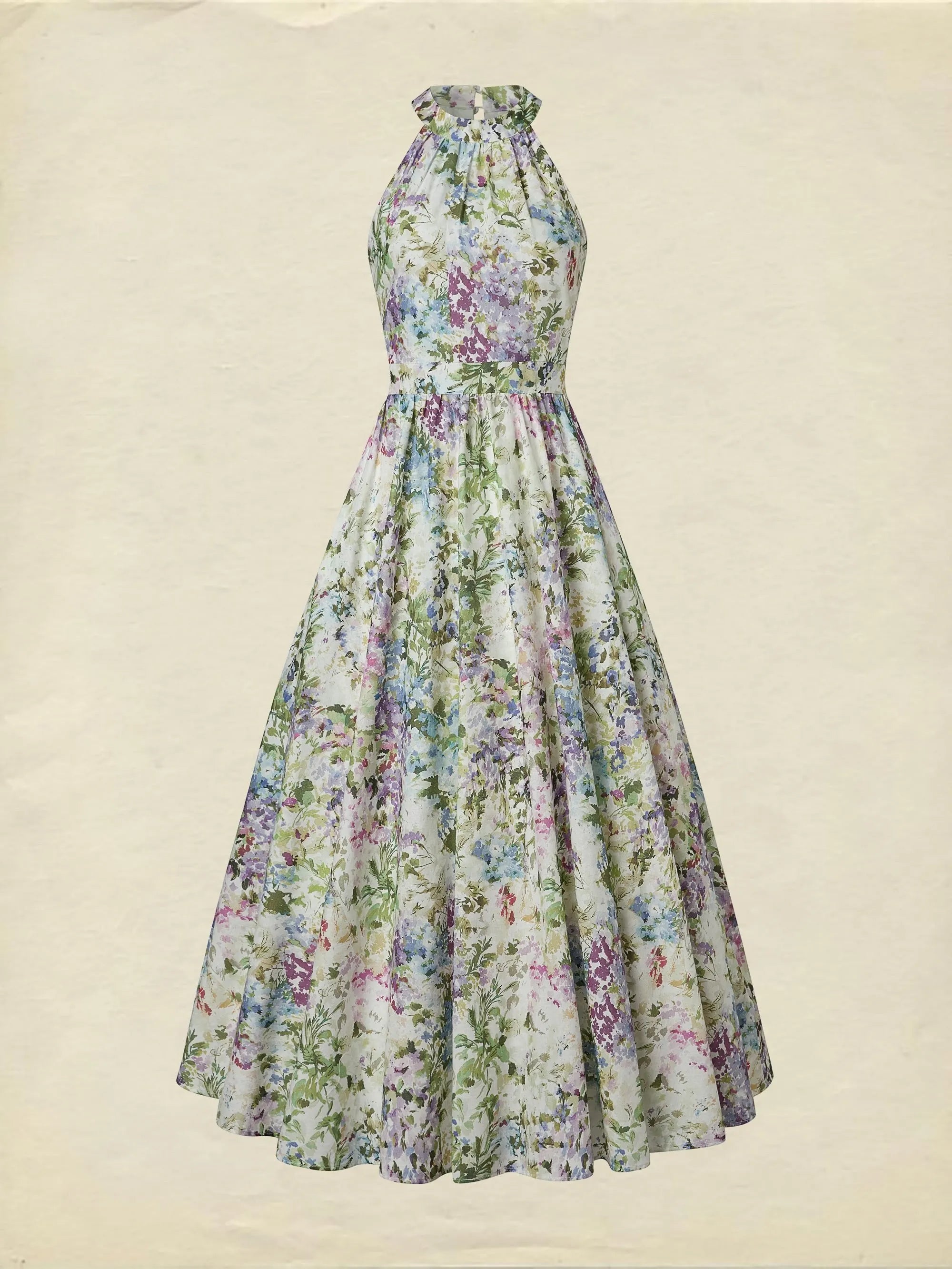 Maxi Cotton Dress, Sleeveless, Halter, Floral, Vacation, Vintage, White