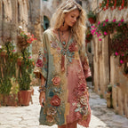 The Ice Cream Collection Women's Classic Bohemian Floral And Rose Gradient Art Linen Long Sleeve Midi Dress