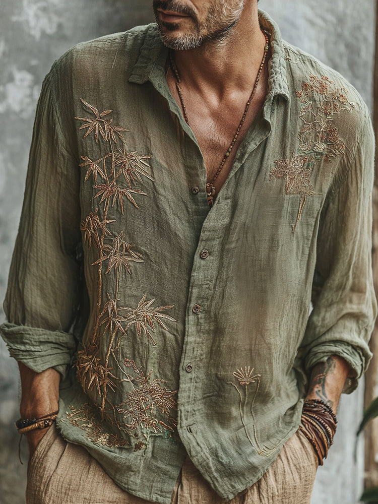 Men's Vintage Japanese Bamboo Embroidery Art Linen Blend Shirt