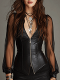 Fashionable Sheer Mesh And Leather Patchwork Top