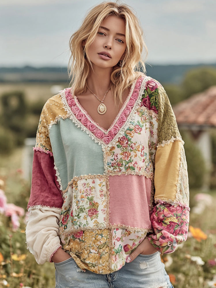 Women's Vintage Floral Patchwork Art Cozy Warm Sweatshirt