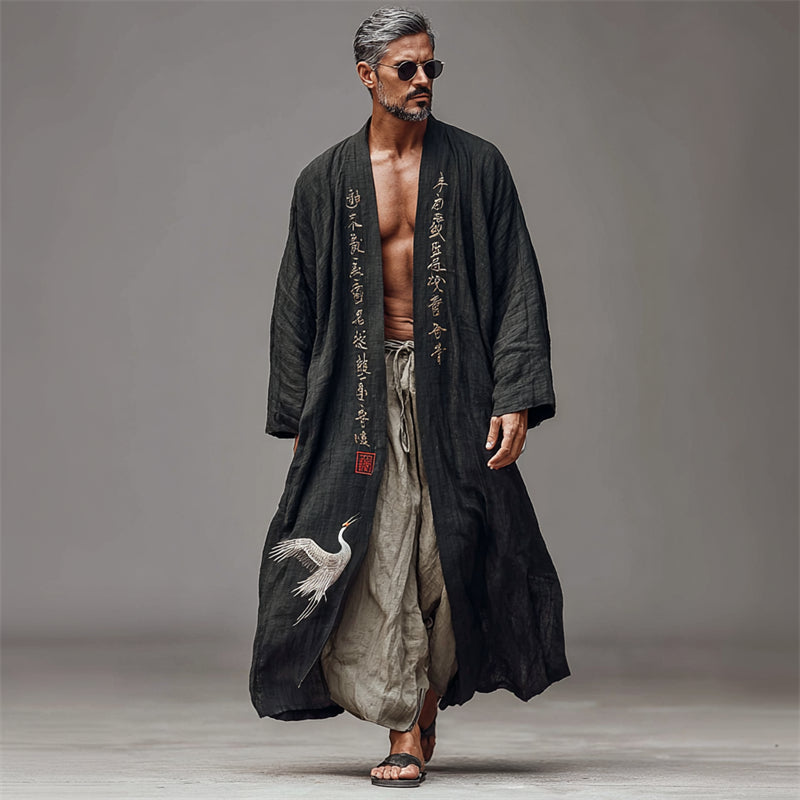 Men's Japanese Crane Calligraphy Art Long Linen Kimono
