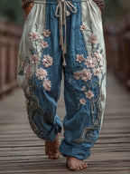 Men's Japanese Cherry Blossoms Embroidered Art Wide Leg Linen Pants