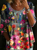 Women's Vintage Floral Casual Loose Denim Blouse Shirt