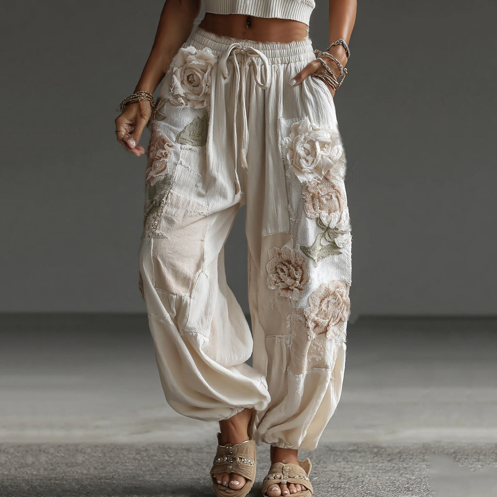 Women's Retro Floral Patchwork Art Casual Linen Pants