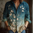Men's Apricot Blossom Embroidery Oil Painting Art Linen Shirt
