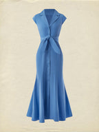 (SIZE:XS-XXL) Cotton Maxi Dress, Cap Sleeve, Lapel Collar, Plain, Vintage, Green
