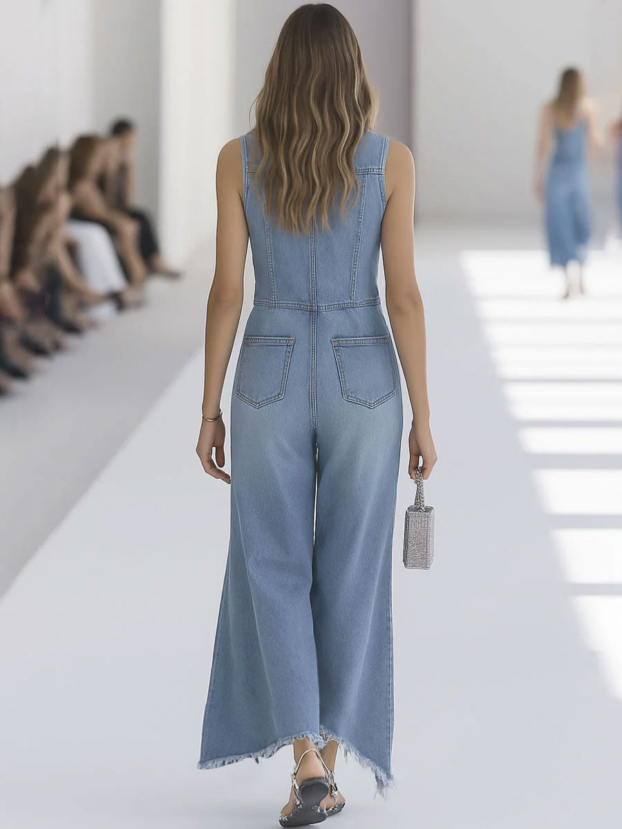 Western Retro Light Blue Denim Sleeveless Raw Edge Wide Leg Zipper Jumpsuit